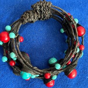 Handcrafted Woven Cord Bracelet with Turquoise and Red Beads